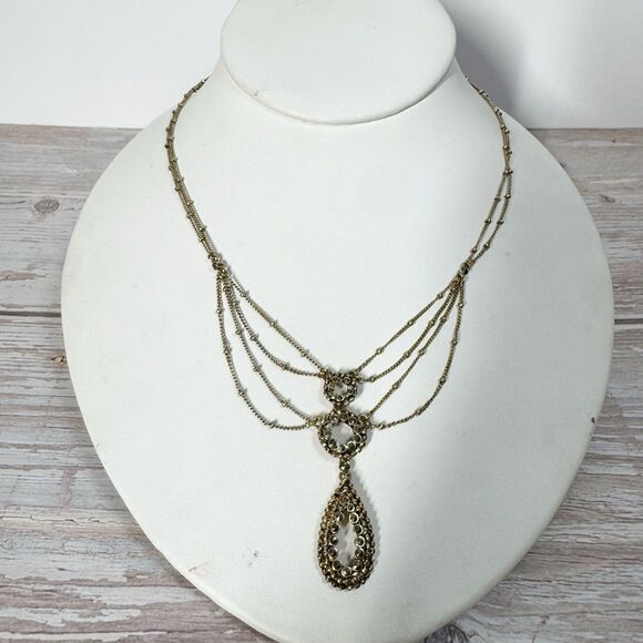 Monet Victorian Revival Festooned Marcasite Drop Bib Necklace Gold Tone 16-18” - Picture 13 of 13